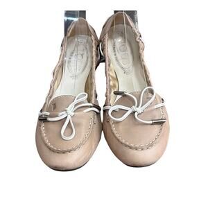 TOD'S Bow Accent Leather Ballet Flats Mocassins Beige Size 38 US 8